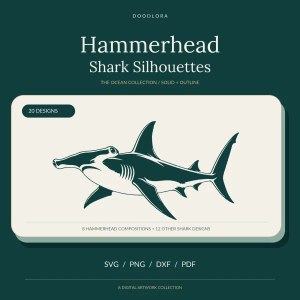 A dark green hammerhead shark seen side-on with pale gill slits and belly, under the title Hammerhead Shark Silhouettes, 8 hammerhead compositions and 12 other shark designs