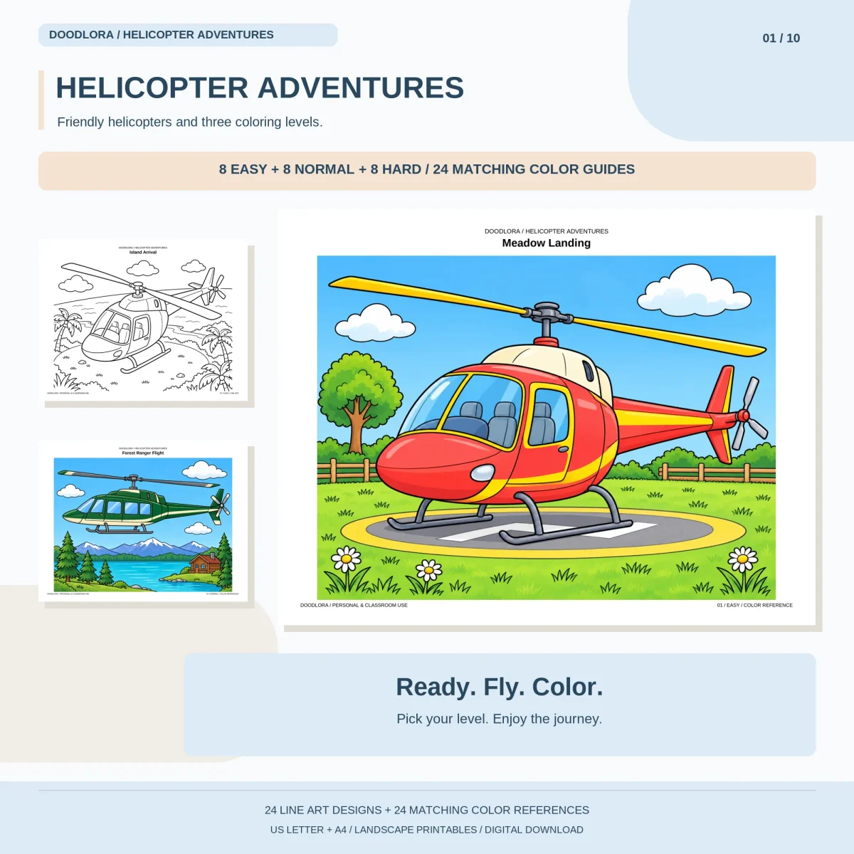 Colored Meadow Landing page, a red and yellow helicopter on a grass helipad with daisies, beside an Island Arrival outline and a green Forest Ranger Flight page