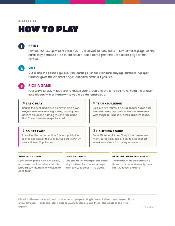 A How to Play page with print and cut steps and four boxed games: Basic Play, Team Challenge, Points Race and Lightning Round