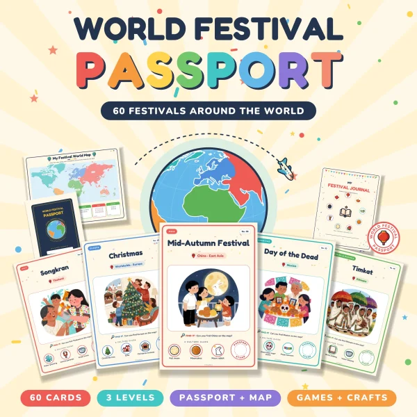 World Festival Passport title over a globe, the passport cover, the world map, the journal and five festival cards including Mid-Autumn Festival, Christmas and Timkat