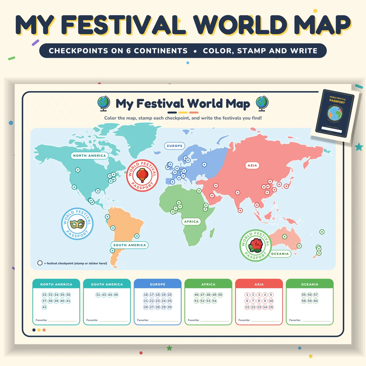 A festival world map with numbered checkpoints across six continents and a box of festival numbers under each one, with a World Festival Passport booklet in the corner
