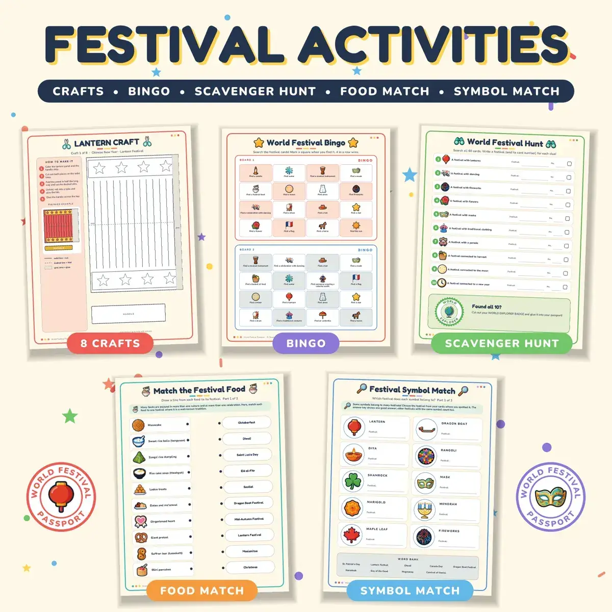 Five printable activity sheets: a lantern craft with cut and fold lines, a World Festival Bingo board, a ten-clue festival hunt, a food match page and a symbol match page with a lantern, diya, rangoli, menorah and fireworks