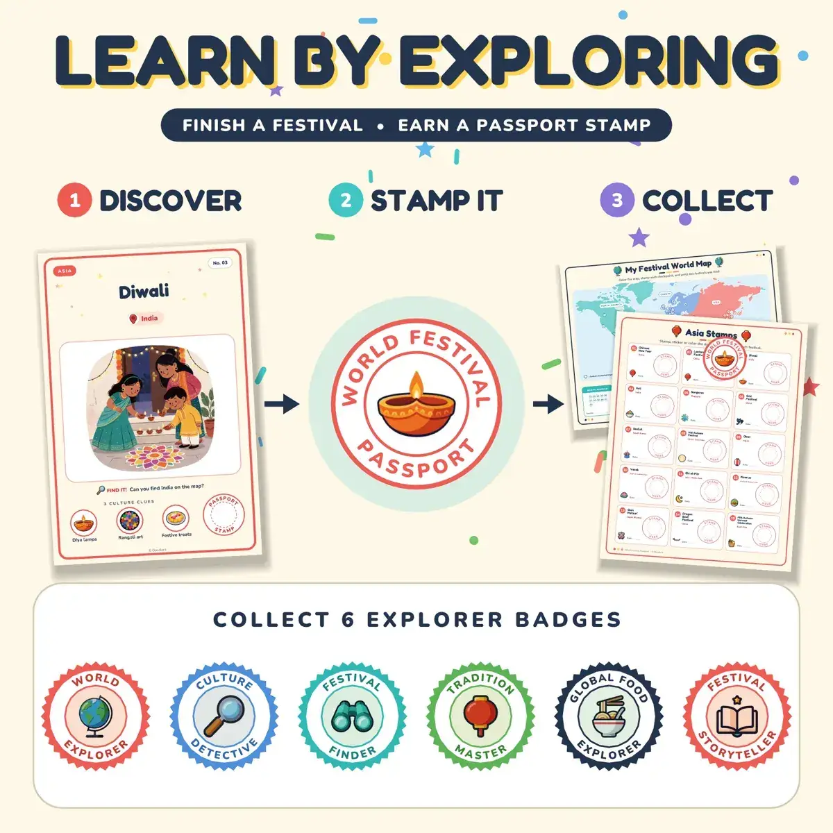 A Diwali festival card with diya lamps and a rangoli, a round World Festival Passport stamp with a lamp, an Asia stamp page and the festival world map, above six round explorer badges