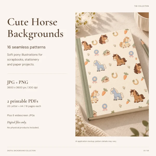 Mockup of a hardcover notebook covered in the cream pattern of cartoon horses, horse heads, rosettes, stables, carrots and horseshoes