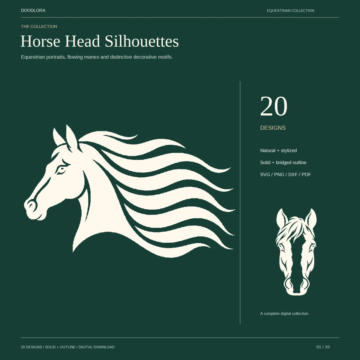 A cream horse head in profile with a long mane streaming back in waves, beside a smaller front-facing horse head with a white blaze, on dark green