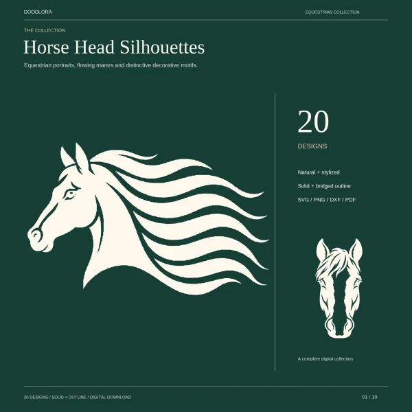 A cream horse head in profile with a long mane streaming back in waves, beside a smaller front-facing horse head with a white blaze, on dark green
