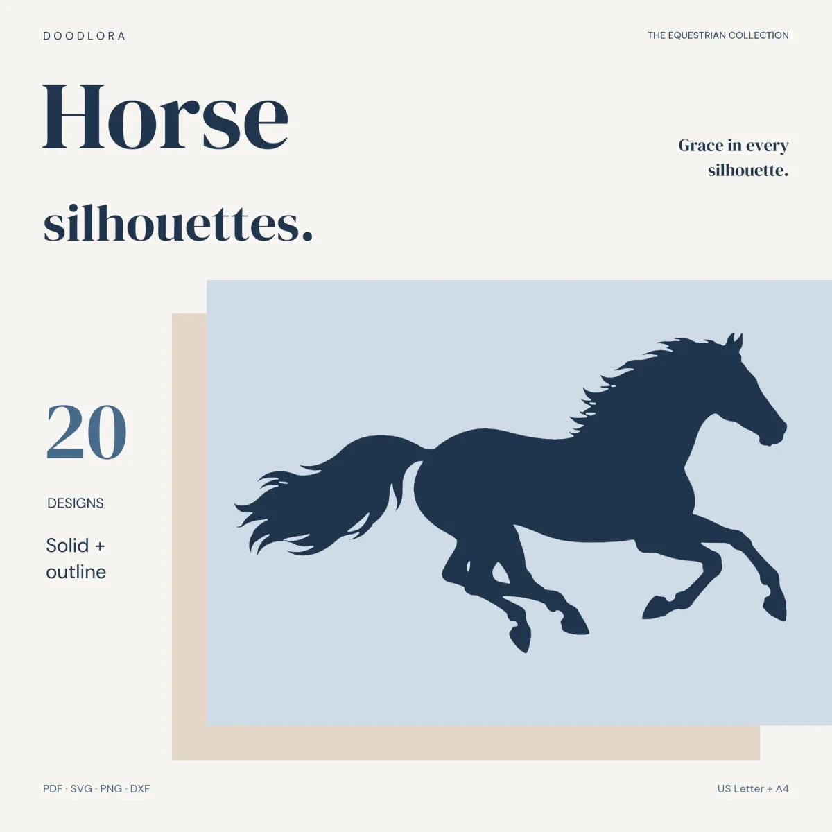 A navy silhouette of a galloping horse with a flowing tail on a pale blue panel, beside the words Horse silhouettes and 20 designs