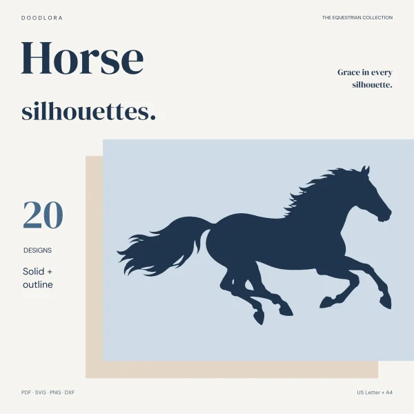 A navy silhouette of a galloping horse with a flowing tail on a pale blue panel, beside the words Horse silhouettes and 20 designs