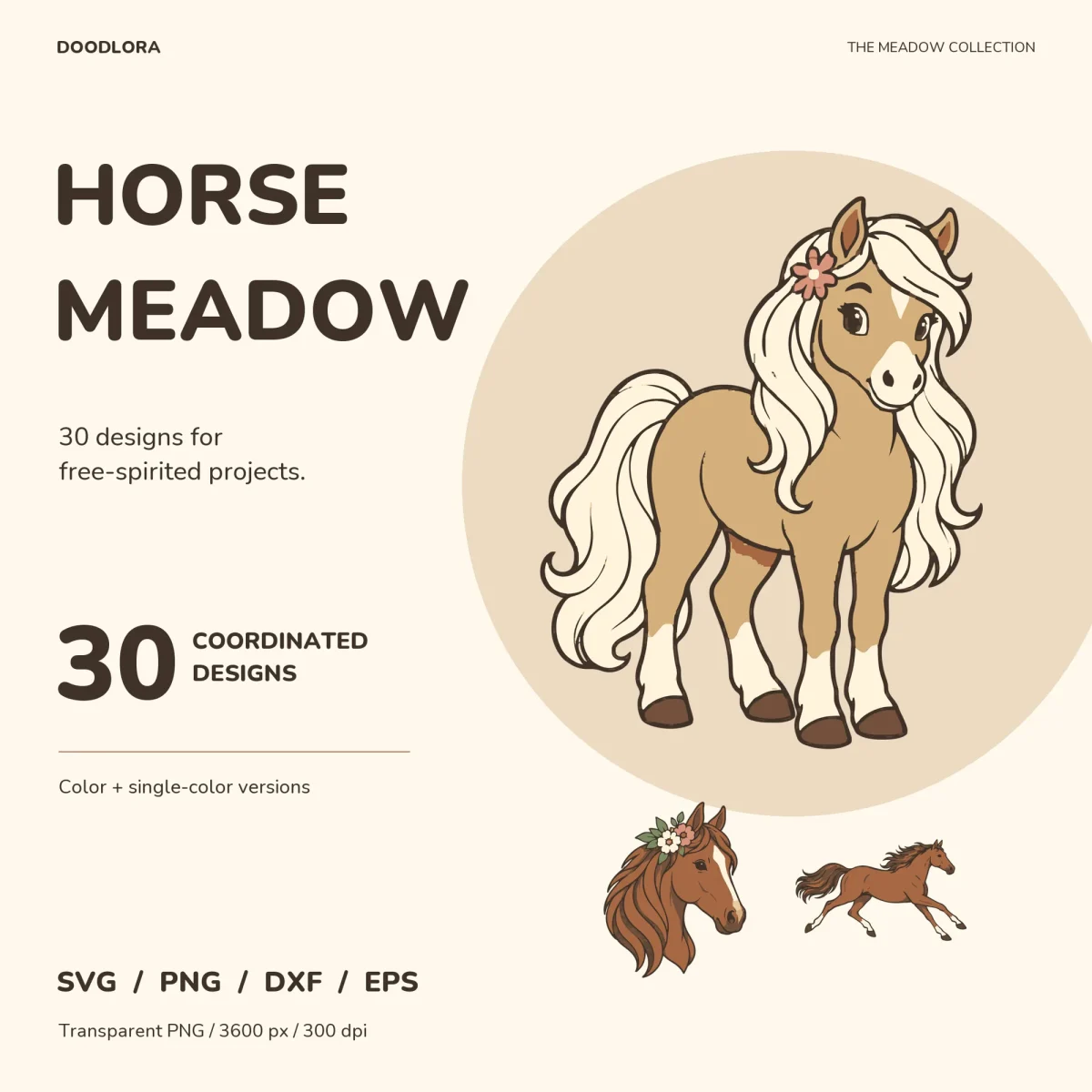 A palomino pony with a long cream mane and a pink flower behind its ear, with a chestnut horse head in a flower crown and a galloping chestnut horse below