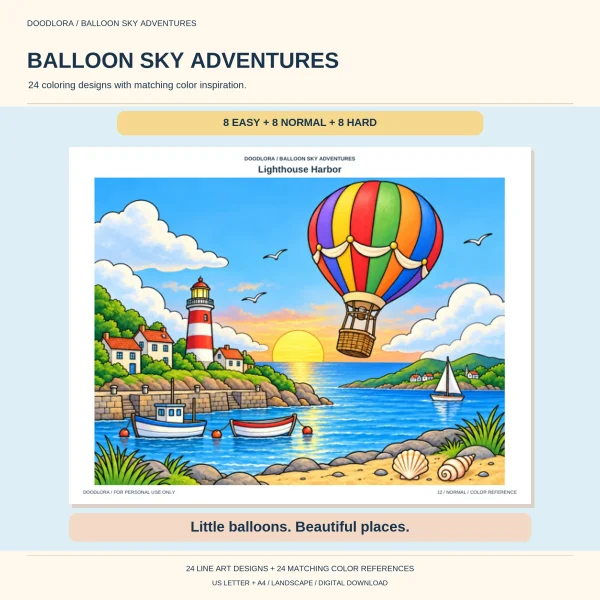 Colored Lighthouse Harbor page, a rainbow-striped balloon over a sunset bay with a lighthouse, fishing boats and seashells
