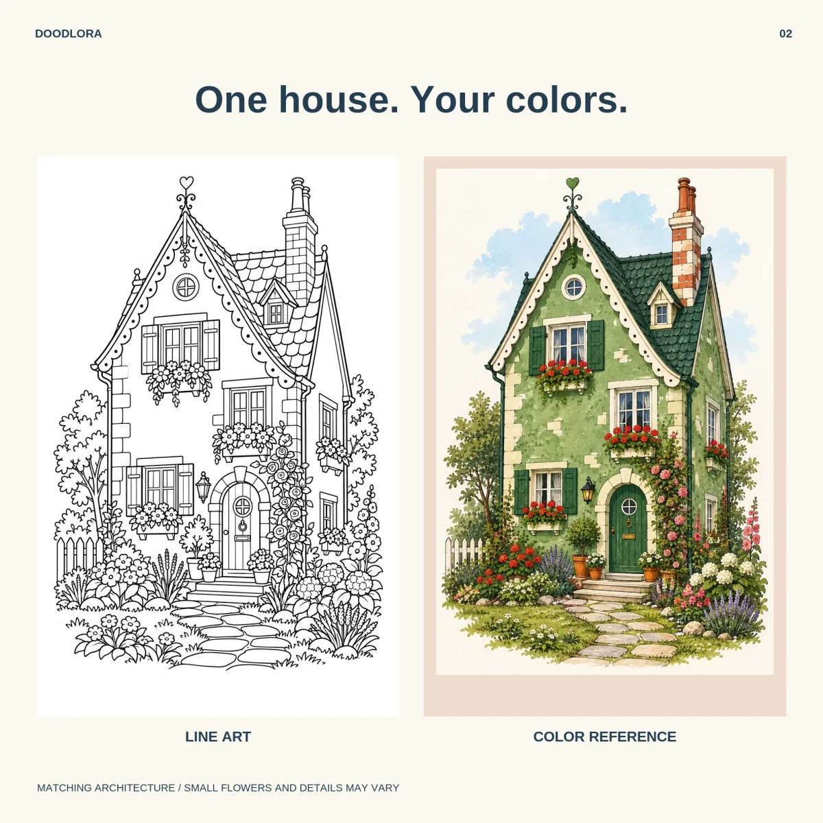 The Sage Gable as a line drawing next to its color version, a green cottage with dark green shutters and a scalloped white gable