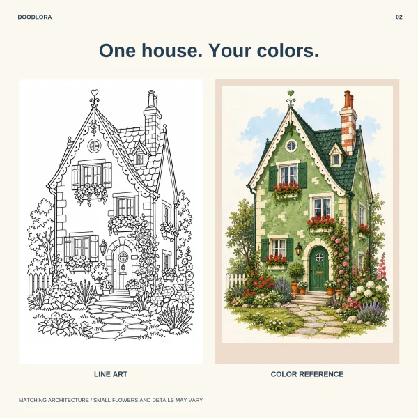 The Sage Gable as a line drawing next to its color version, a green cottage with dark green shutters and a scalloped white gable