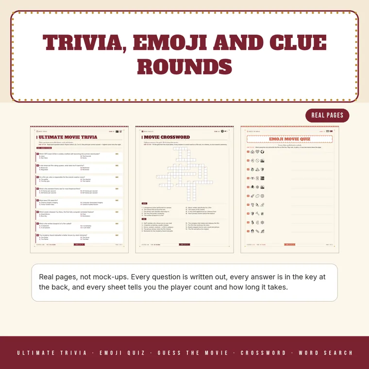 Three printed pages side by side: an Ultimate Movie Trivia multiple-choice page, a Movie Crossword and an Emoji Movie Quiz