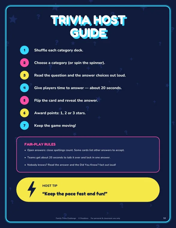 A Trivia Host Guide page with seven numbered steps, a Fair-Play Rules box about close spellings and 20-second team answers, and a yellow host tip banner
