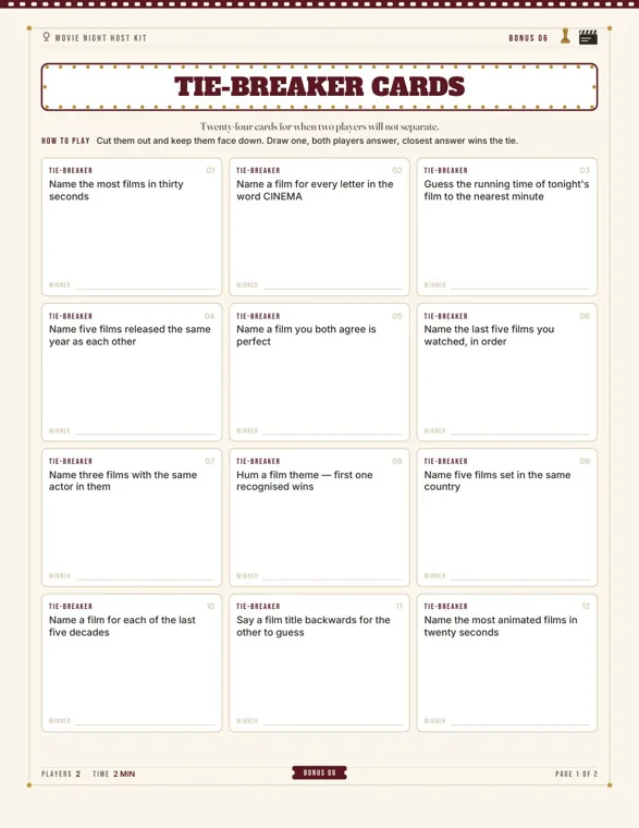 A Tie-Breaker Cards page with twelve cut-out cards, such as naming the most films in thirty seconds and guessing tonight's running time