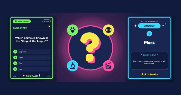 A Quick Start question card asking which animal is the King of the Jungle, a question mark ringed by four category icons, and an answer card reading Mars