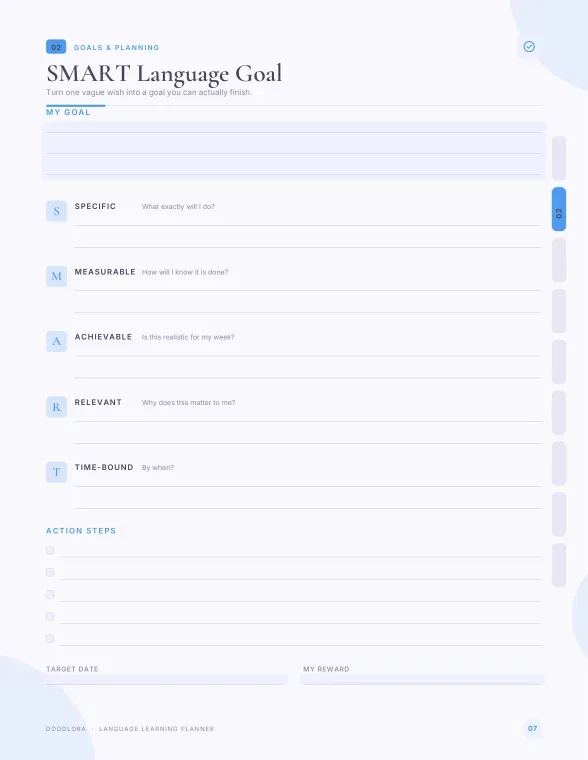 SMART Language Goal planner page with a My Goal box, five lettered rows from Specific to Time-Bound, action step checkboxes, a target date and a reward line