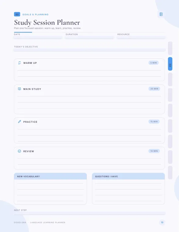 Study Session Planner page with boxes for warm up 5 min, main study 20 min, practice 15 min and review 10 min, plus new vocabulary and questions