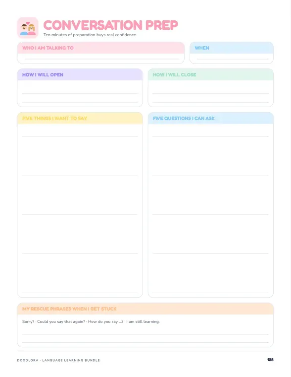 Conversation Prep worksheet with boxes for who I am talking to, when, how I will open and close, five things to say, five questions and rescue phrases