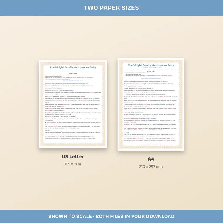 The same story page shown twice at true scale, one labeled US Letter 8.5 x 11 in and one labeled A4 210 x 297 mm
