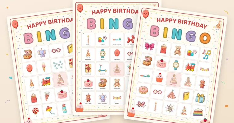 Birthday bingo cards side by side, filled with party pictures such as a music box, party glasses and a teddy bear