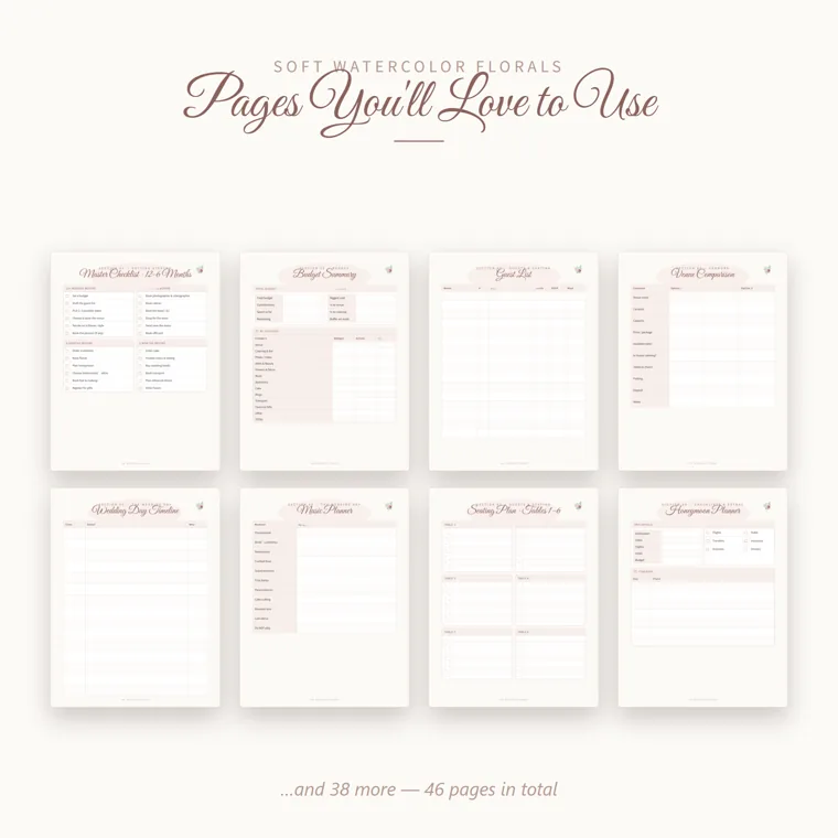Eight sample pages with pink headers, including the master checklist, budget summary, guest list and seating plan