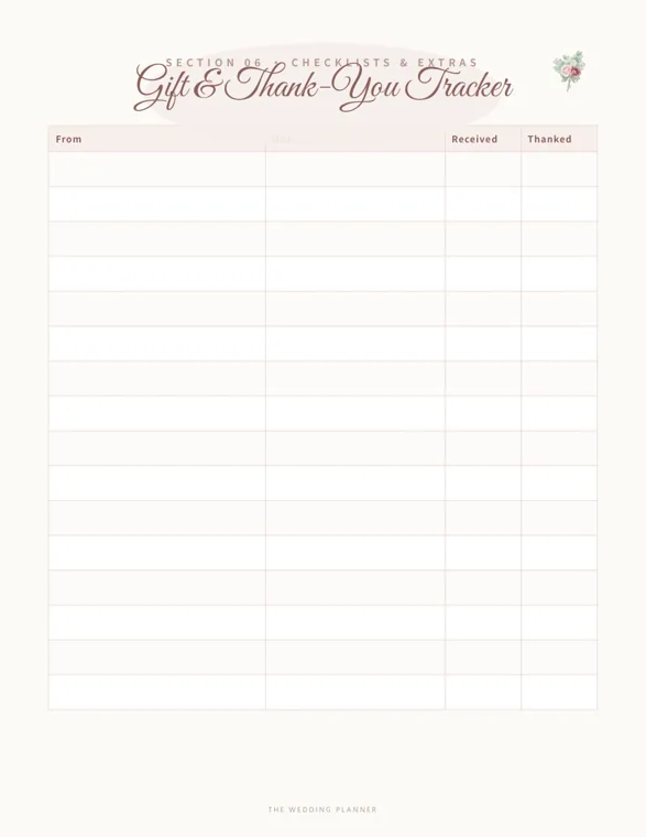 The Gift and Thank-You Tracker page from the wedding planner, a blank table under a pink script heading with columns for From, Gift, Received and Thanked