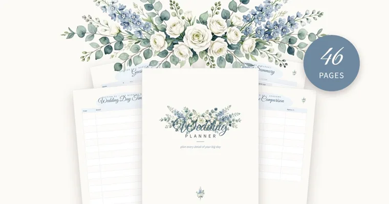 White roses, blue blossoms and eucalyptus above a fanned wedding planner, its cover in front of guest list, budget, timeline and venue comparison pages, with a 46 pages badge