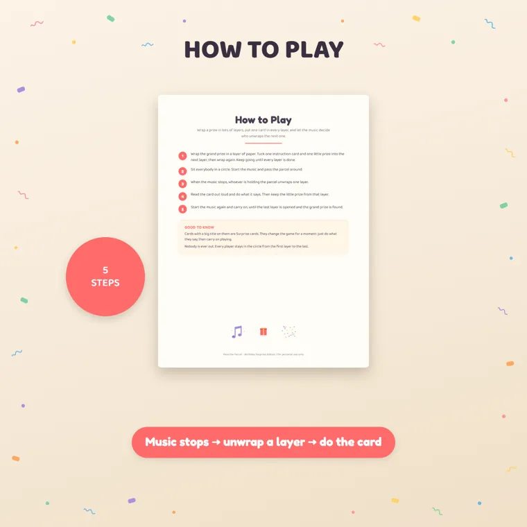 The How to Play page from a printable pass the parcel kit, with five numbered steps for passing the parcel and a Good to Know box underneath