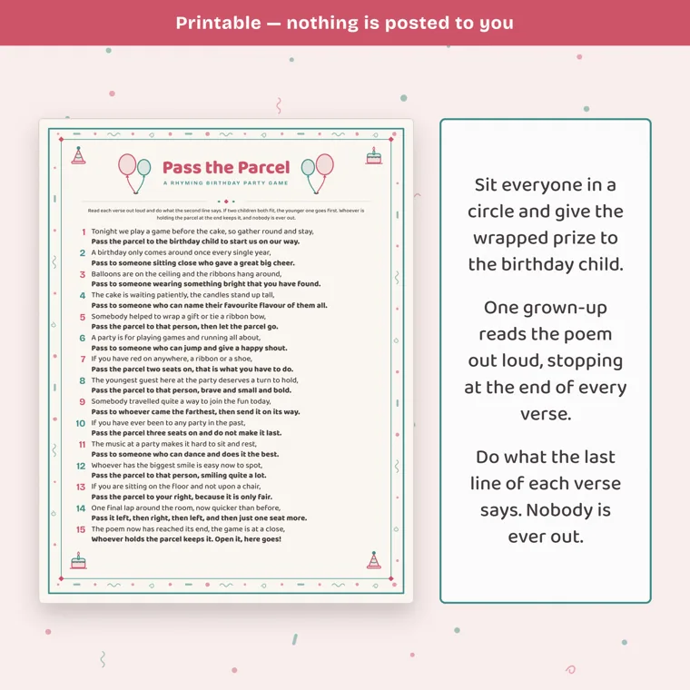 The pass the parcel poem page with 15 numbered verses beside a panel of three instructions for sitting in a circle, reading aloud and doing what each verse says