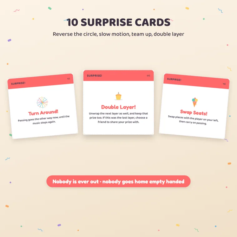 Three Surprise cards from the pass the parcel kit, Turn Around, Double Layer and Swap Seats, each with a red header