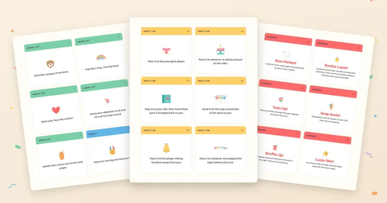Three printed sheets of pass the parcel cards side by side, with Animal Act cards on the left, Pass It On cards in the middle and red Surprise cards on the right