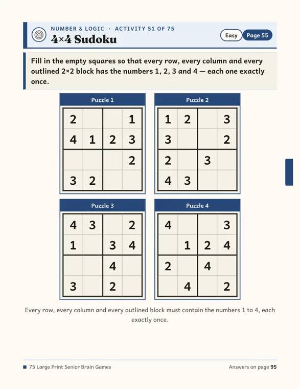Large-print 4×4 Sudoku page marked Easy, with four puzzles in a two-by-two layout, each grid split into 2×2 boxes by thick lines
