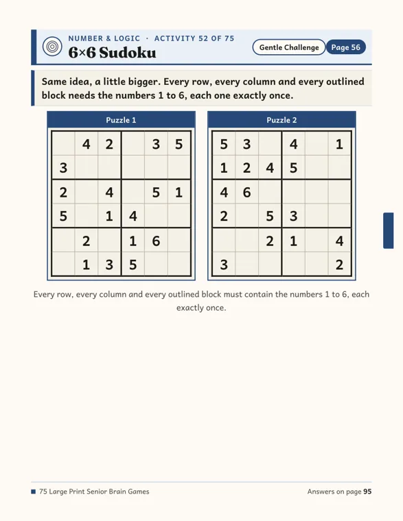 6×6 Sudoku page marked Gentle Challenge, with two puzzles side by side, thick lines dividing each grid into boxes two rows tall and three columns wide