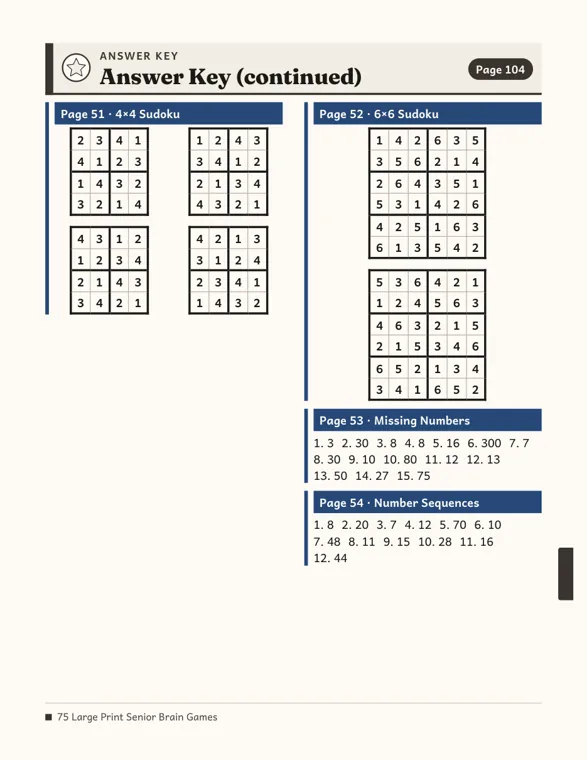 Answer key page with four solved 4×4 grids headed Page 51 and two solved 6×6 grids headed Page 52, followed by missing numbers and number sequence answers