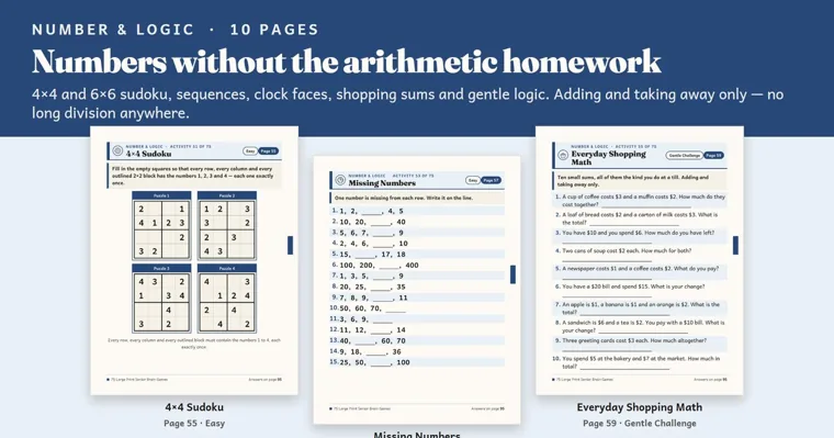 A Number and Logic banner above three large-print pages, a 4×4 sudoku with four puzzles, Missing Numbers and Everyday Shopping Math
