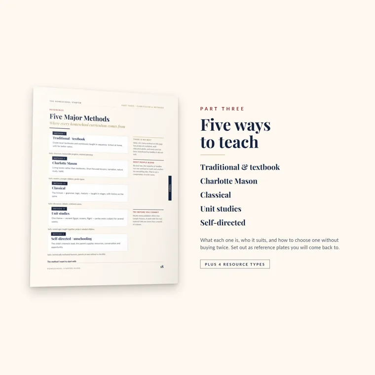 The Five Major Methods page beside a list of traditional and textbook, Charlotte Mason, classical, unit studies and self-directed approaches