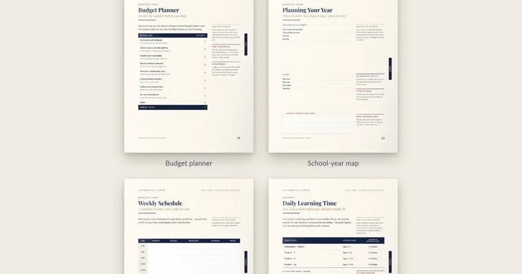 Four homeschool planning pages, a budget planner, a school-year map, a weekly schedule and a daily learning time chart by grade