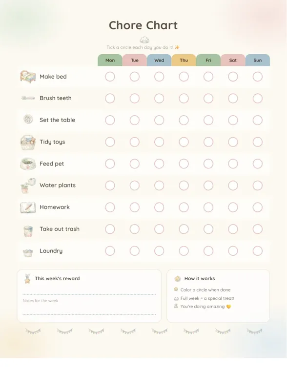 A watercolor weekly chore chart listing nine jobs from Make bed to Laundry with a circle under each day from Monday to Sunday, and boxes for this week's reward and notes at the bottom