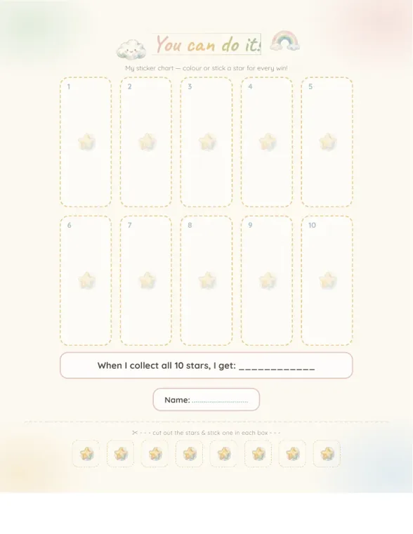 A watercolor sticker chart with ten numbered boxes in two rows, a line reading When I collect all 10 stars, I get, a Name box, and a strip of eight stars to cut out at the bottom