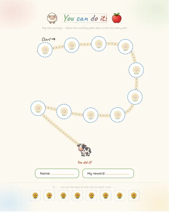 A farm-themed star path with ten sunflower circles winding from Start to a cow and the words You did it, with Name and My reward boxes and eight sunflowers to cut out