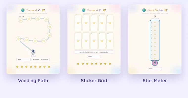 Three space-themed reward charts side by side, labeled Winding Path, Sticker Grid and Star Meter, each counting ten stars toward an ice cream trip