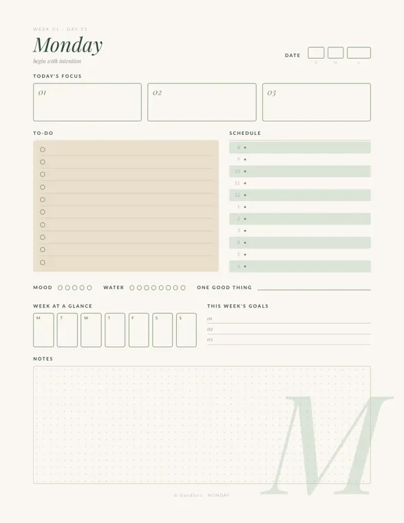 A Monday planner page in green and sand with three Today's Focus boxes, a ten-line to-do list, an hourly schedule from 8 to 6, mood and water circles, a week at a glance row and three weekly goal lines