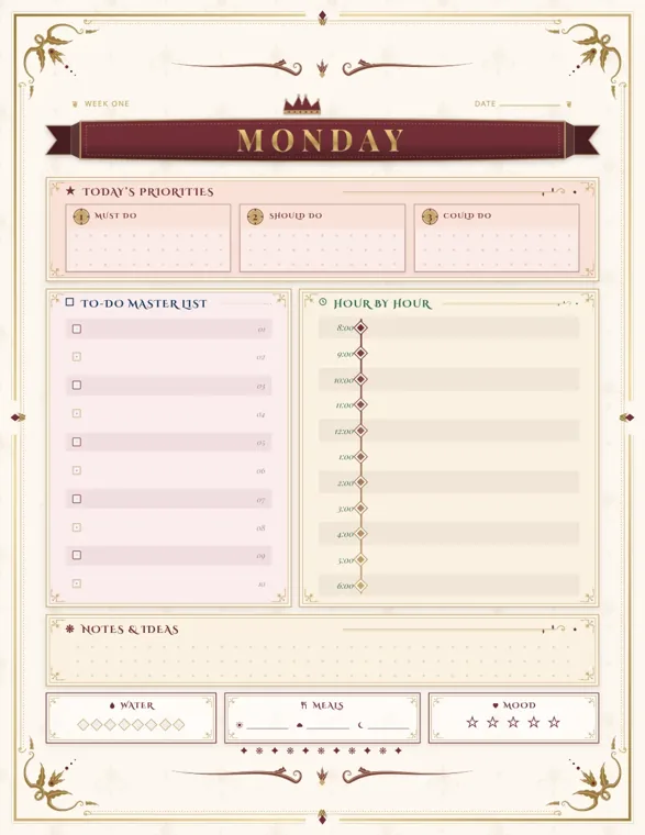 A Monday page with a wine-red ribbon and gold frame, three priority boxes labeled must do, should do and could do, a ten-line to-do master list, an hour-by-hour timeline from 8:00 to 6:00 and boxes for water, meals and mood