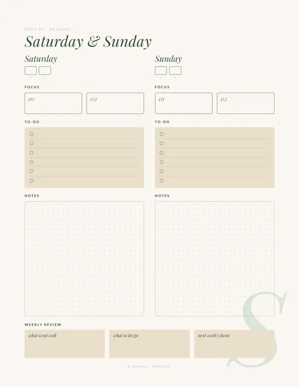 A Saturday and Sunday planner page with two focus boxes, six to-do lines and a dot-grid notes panel for each day, and a weekly review row with boxes for what went well, what to let go and next week's focus