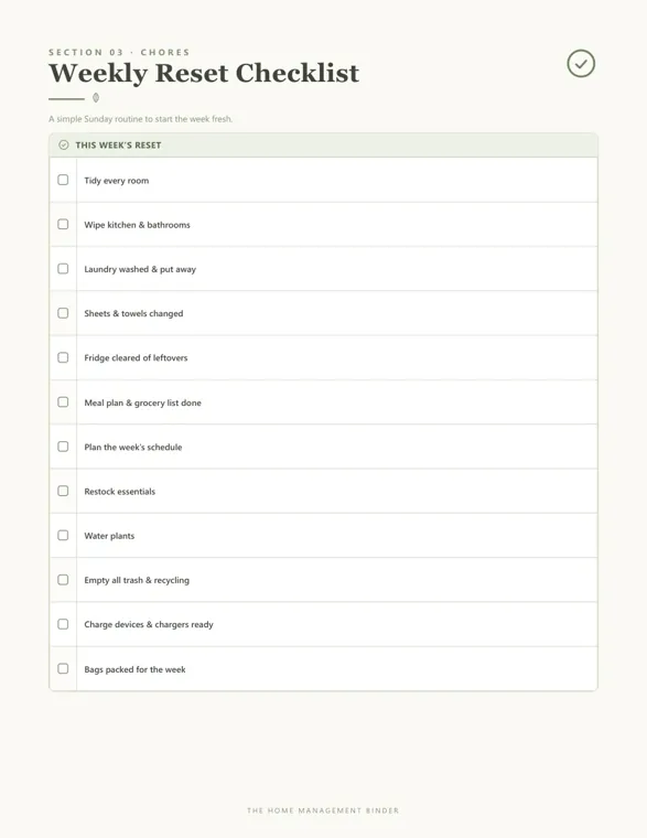 A Weekly Reset Checklist page from a home management binder with twelve checkbox items, from tidy every room and wipe kitchen and bathrooms to meal plan and grocery list done, plan the week's schedule and bags packed for the week