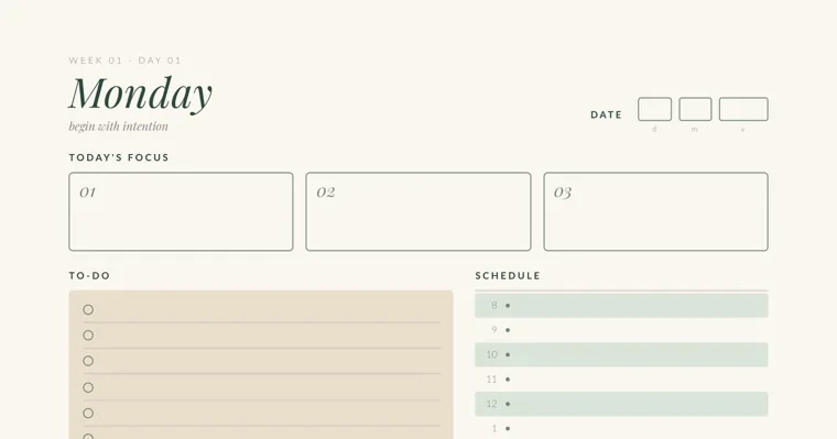 The top of a green Monday planner page with three Today's Focus boxes, a to-do panel and an hourly schedule starting at 8