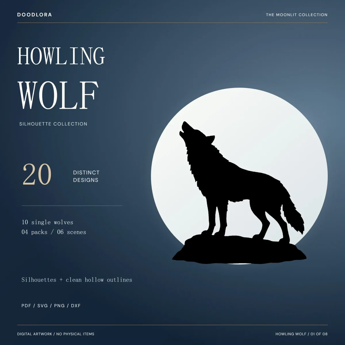 A black wolf howling on a rock in front of a pale full moon on a dark blue background, next to the words Howling Wolf and a count of 20 designs