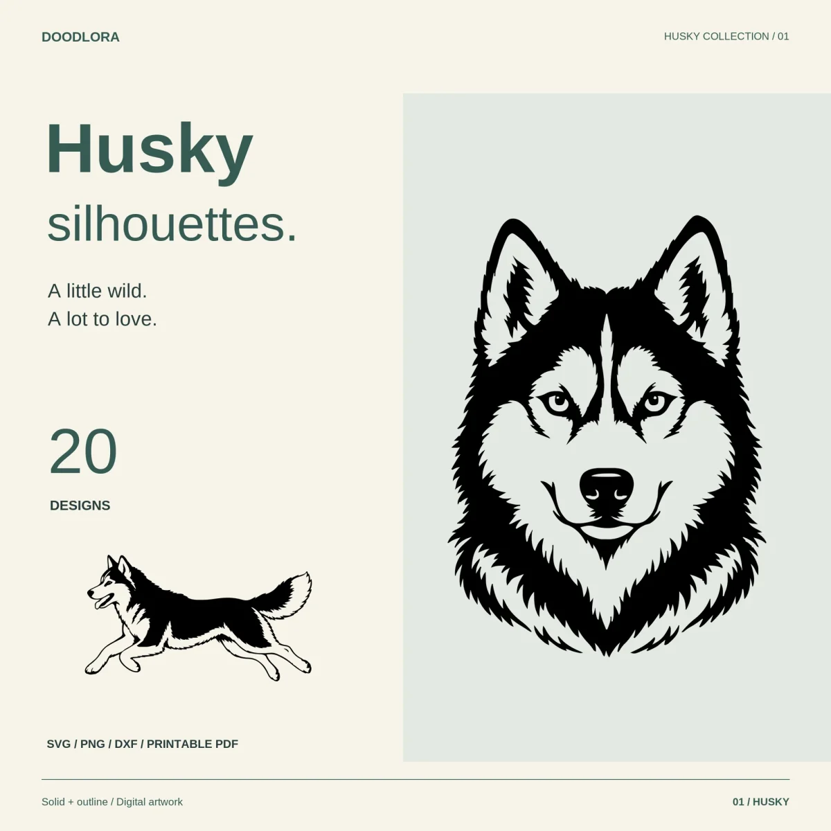 A large front-facing husky head with a dark mask and pale eyes next to a small running husky, under the words Husky silhouettes