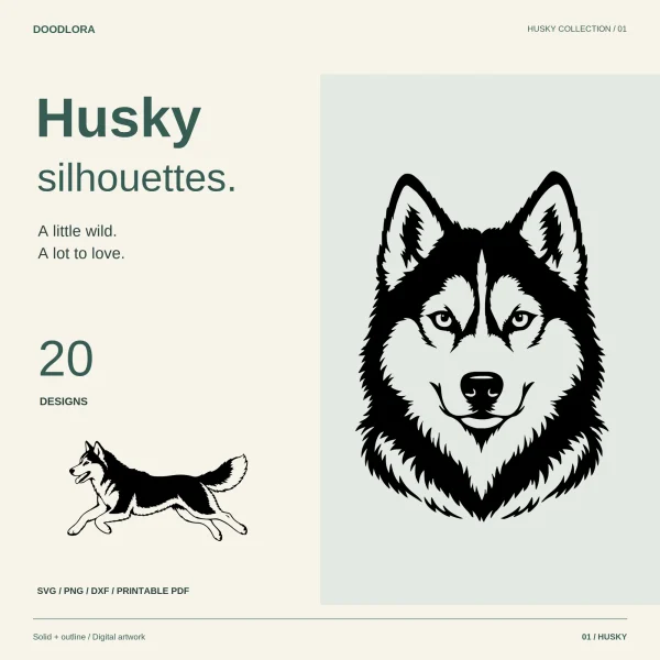 A large front-facing husky head with a dark mask and pale eyes next to a small running husky, under the words Husky silhouettes